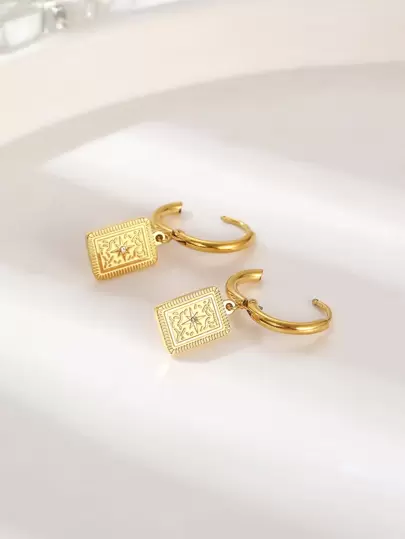 1pair Fashionable Stainless Steel Rhinestone Decor Rectangle Drop Earrings For Women For Daily Decoration