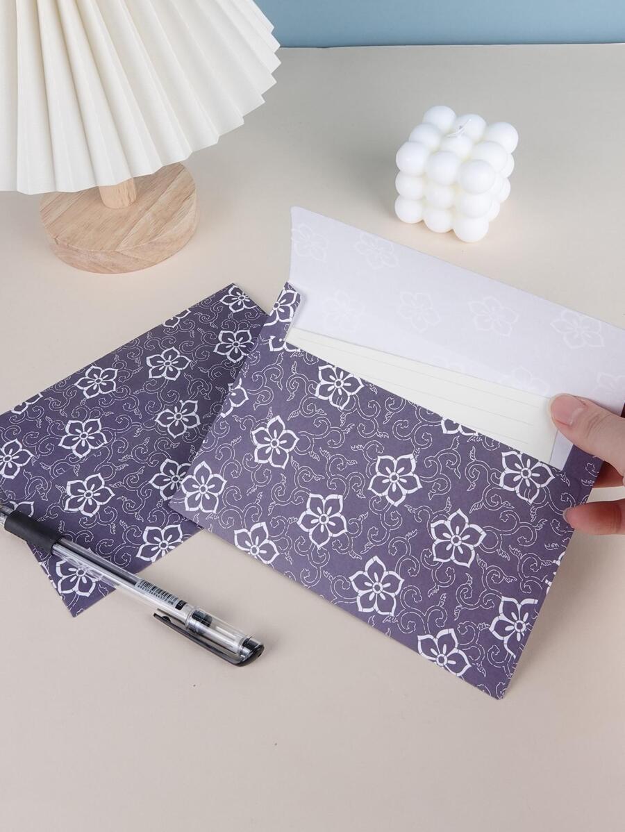 5pcs Flower Print Paper Envelope, Simple Multi-purpose Mailing Envelope For Office - Blue - View 1