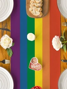 1pc LGBT Rainbow Striped Pattern Table Runner, Modern Polyester Rectangle Table Runner For Kitchen, Party - Red - View 2