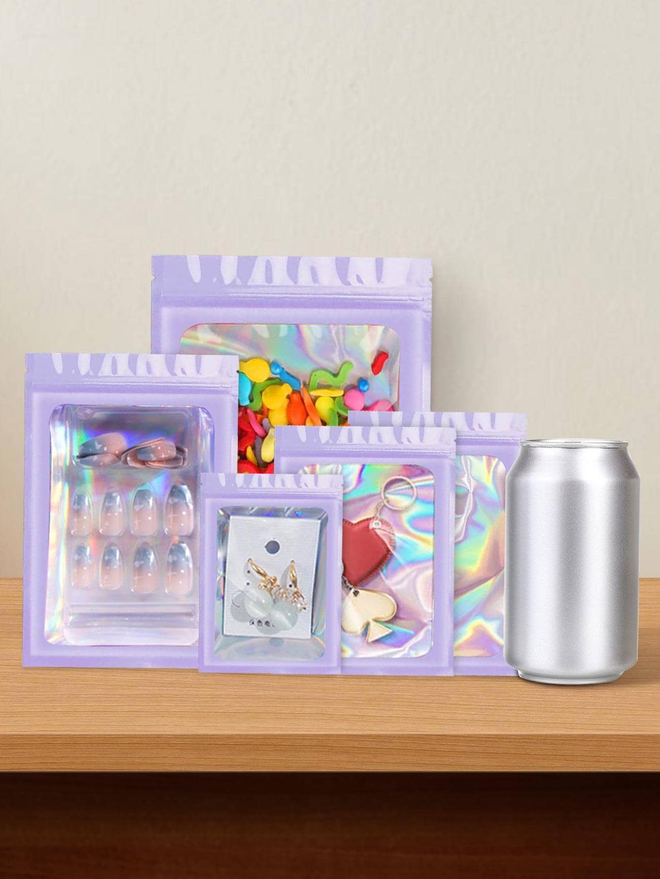 20 piezas de bolsa de embalaje morada, bolsa holográfica con cremallera PE, para alimentos, caramelos, bolsas de regalo para fiestas de bodas - Morado - Ver 1