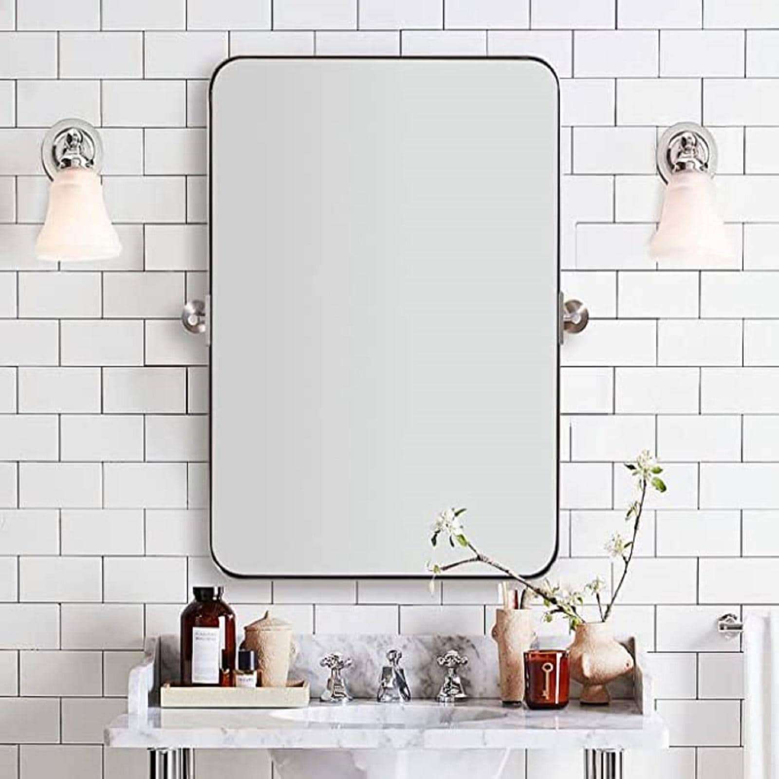 Metal Frame Pivot Rectangle Bathroom Mirror, Tilting Rounded Rectangular Vanity Mirror for Wall Stainless Steel Pivots Horizontally Only - 拉絲鎳 - 查看 1