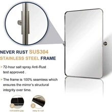 Metal Frame Pivot Rectangle Bathroom Mirror, Tilting Rounded Rectangular Vanity Mirror for Wall Stainless Steel Pivots Horizontally Only - 拉絲鎳 - 查看 4