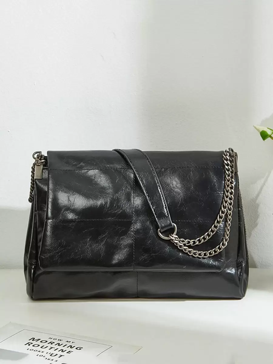 Minimalist Flap Chain Square Bag Solid Color - màu đen - Xem 1
