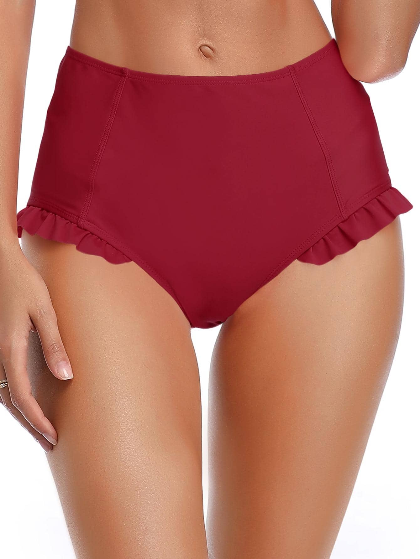 SHEKINI Solid Frill Trim Bikini Bottom - Burgundy - View 1