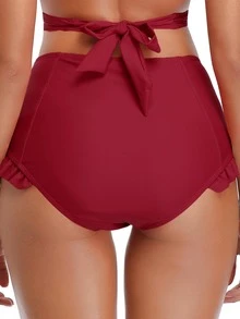 SHEKINI Solid Frill Trim Bikini Bottom - Burgundy - View 2