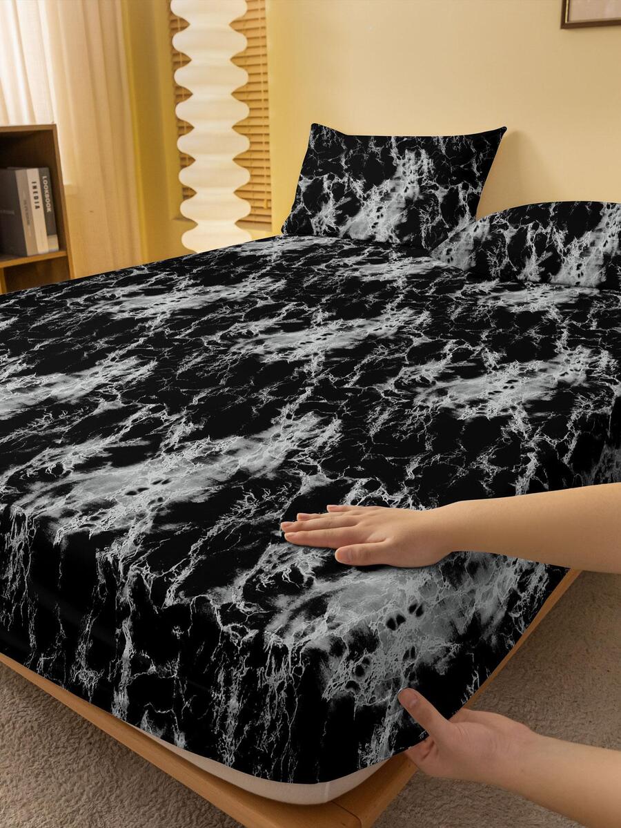 1pc Marble Pattern Fitted Sheet, Modern Fabric Fitted Bottom Sheet For Bedroom - Multicolor - View 1