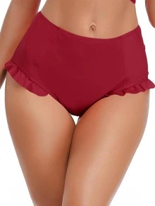 SHEKINI Solid Frill Trim Bikini Bottom - Burgundy - View 3