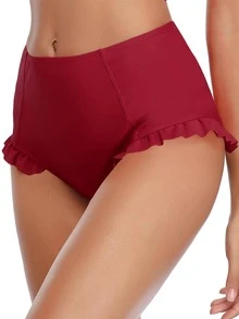 SHEKINI Solid Frill Trim Bikini Bottom - Burgundy - View 5