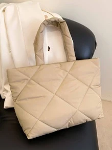 时尚菱形绗缝刺绣手提包/单肩包 - 卡其色 - 查看 3