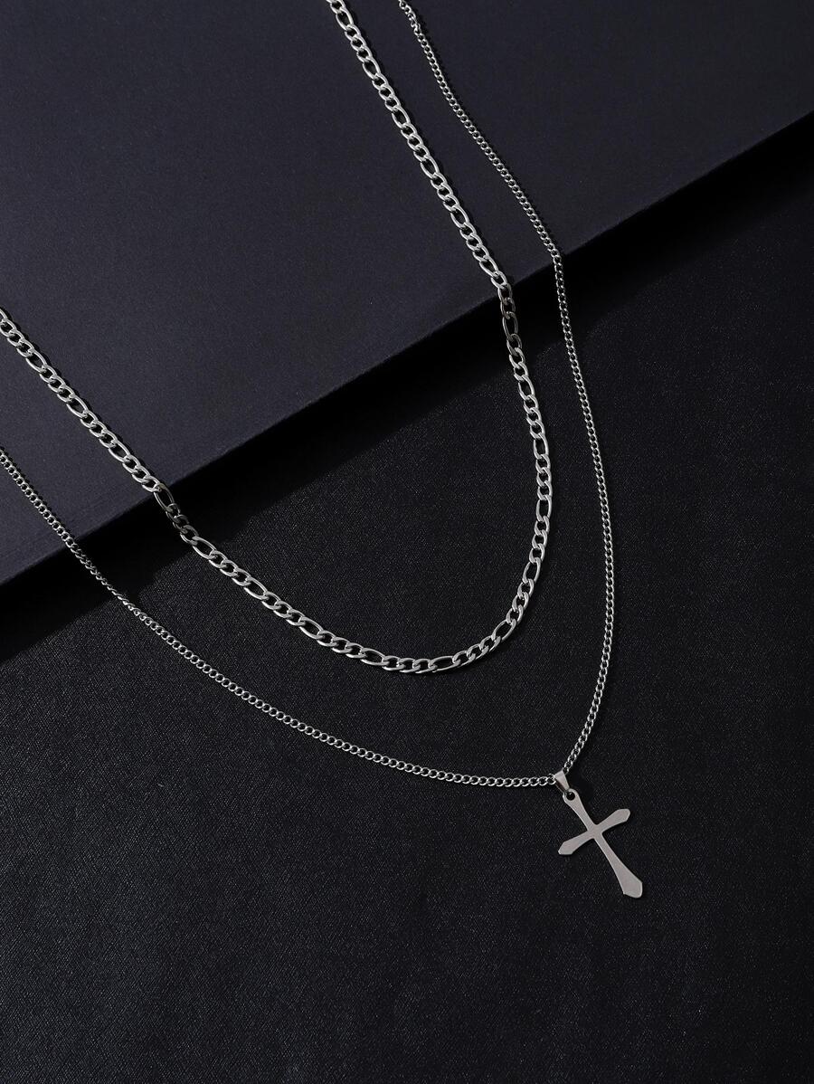 2 chiếc dây chuyền hình thánh giá bằng thép không gỉ dành cho nam giới, thích hợp làm quà tặng trang sức và phụ kiện dự tiệc. - Bạc - Xem 1