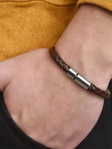 1入組時尚編織細節男士手鍊日常裝飾珠寶禮品時尚朋克流行時尚外觀 - 棕色 - 查看 3