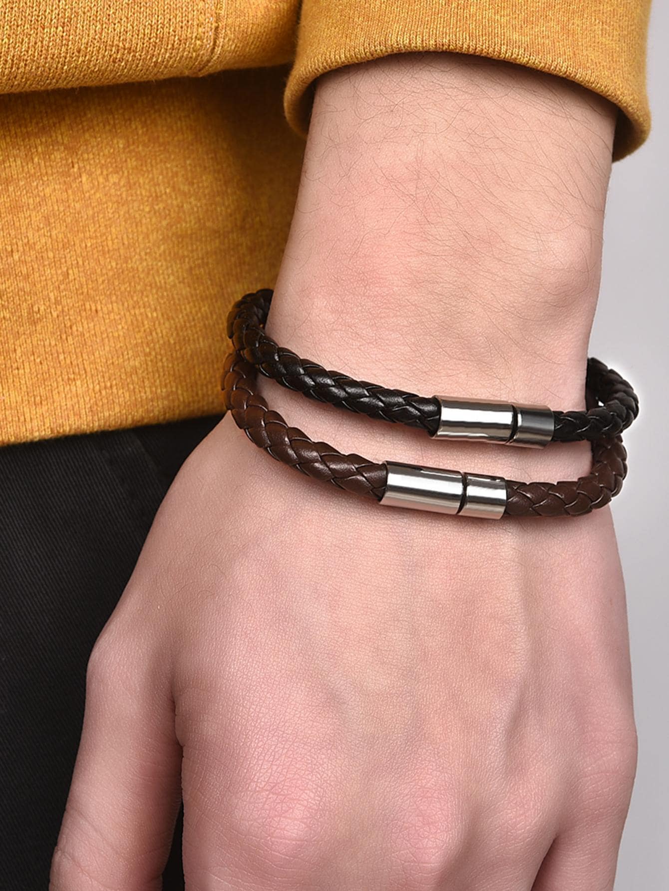 1入組時尚編織細節男士手鍊日常裝飾珠寶禮品時尚朋克流行時尚外觀 - 棕色 - 查看 1