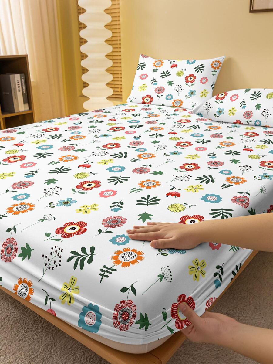 1入組花朵印花合身卡通織物床笠適用於臥室 - 彩色 - 查看 1