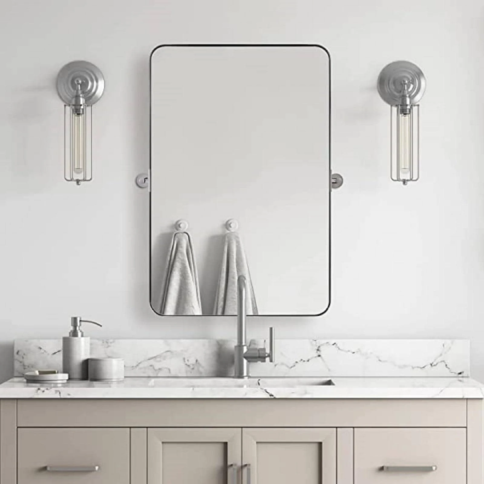 Metal Frame Pivot Rectangle Bathroom Mirror, Tilting Rounded