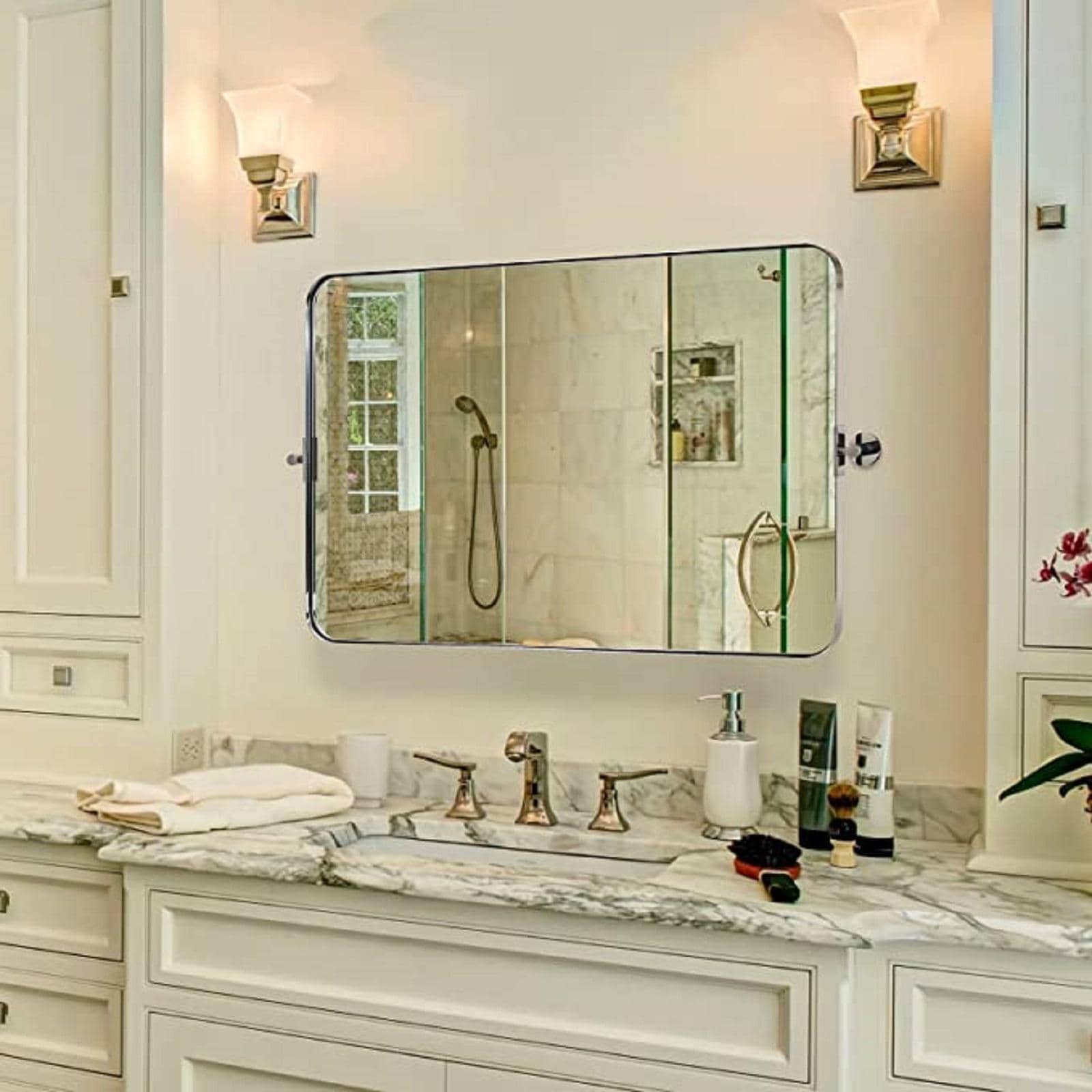 Metal Frame Pivot Rectangle Bathroom Mirror, Tilting Rounded