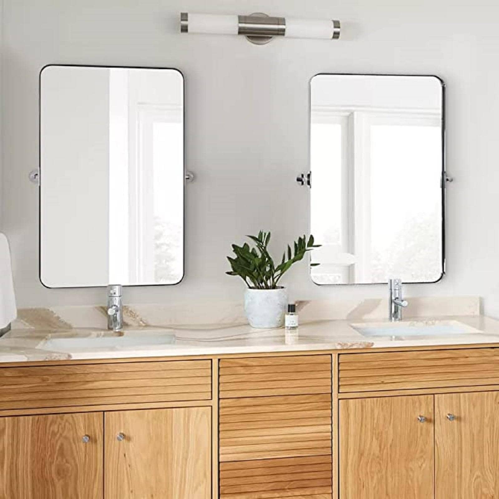 Metal Frame Pivot Rectangle Bathroom Mirror, Tilting Rounded