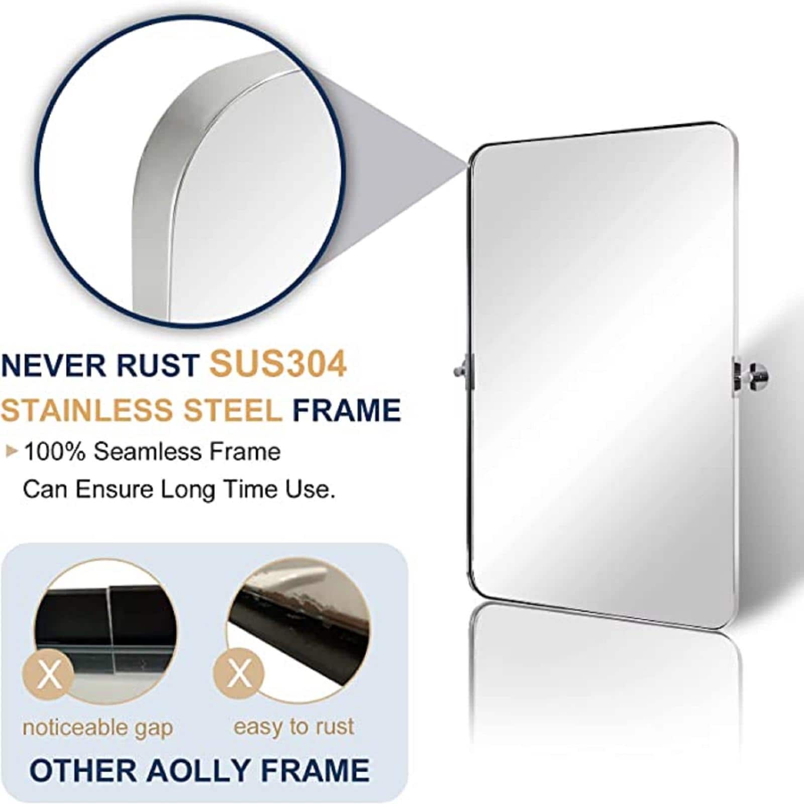 Metal Frame Pivot Rectangle Bathroom Mirror, Tilting Rounded