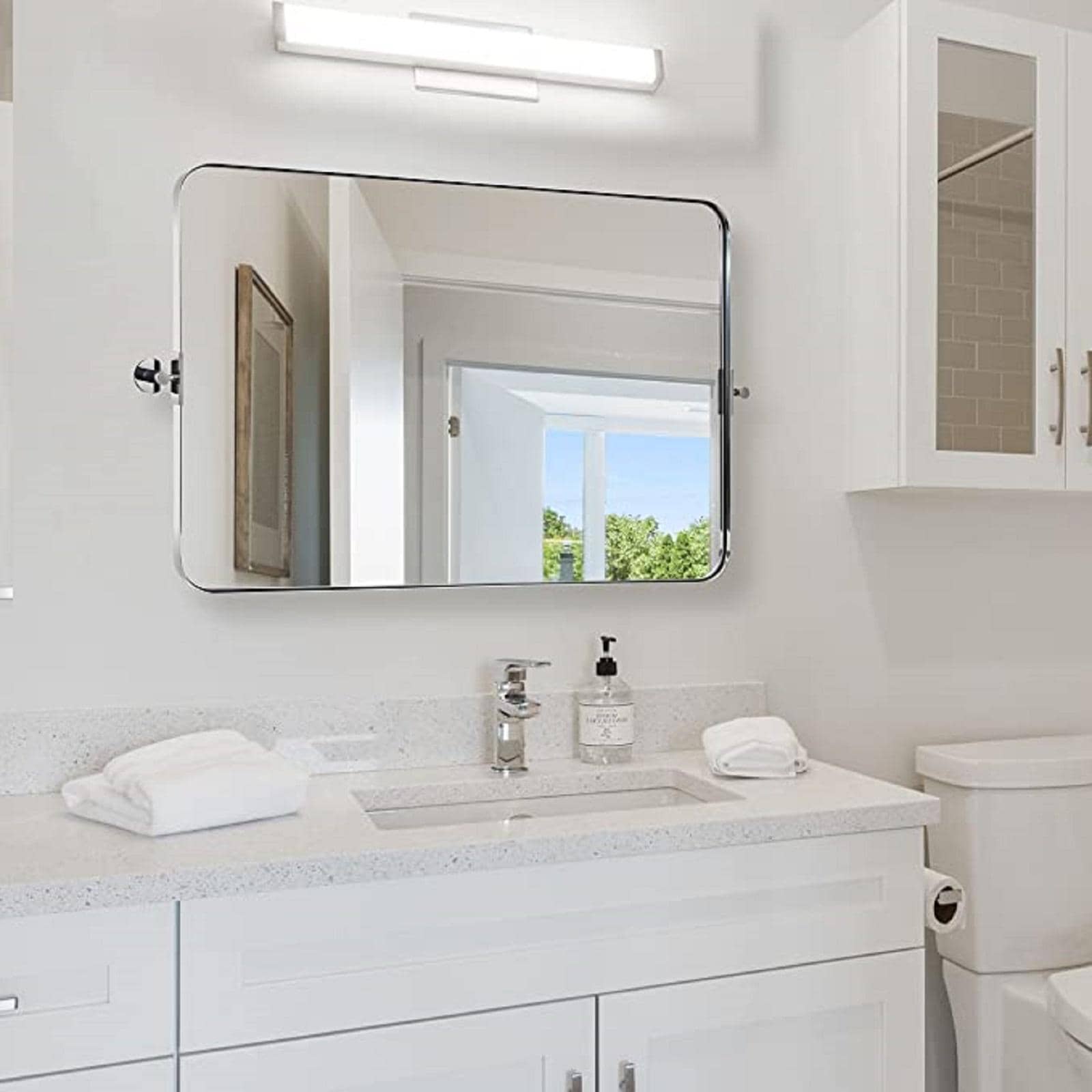 Metal Frame Pivot Rectangle Bathroom Mirror, Tilting Rounded