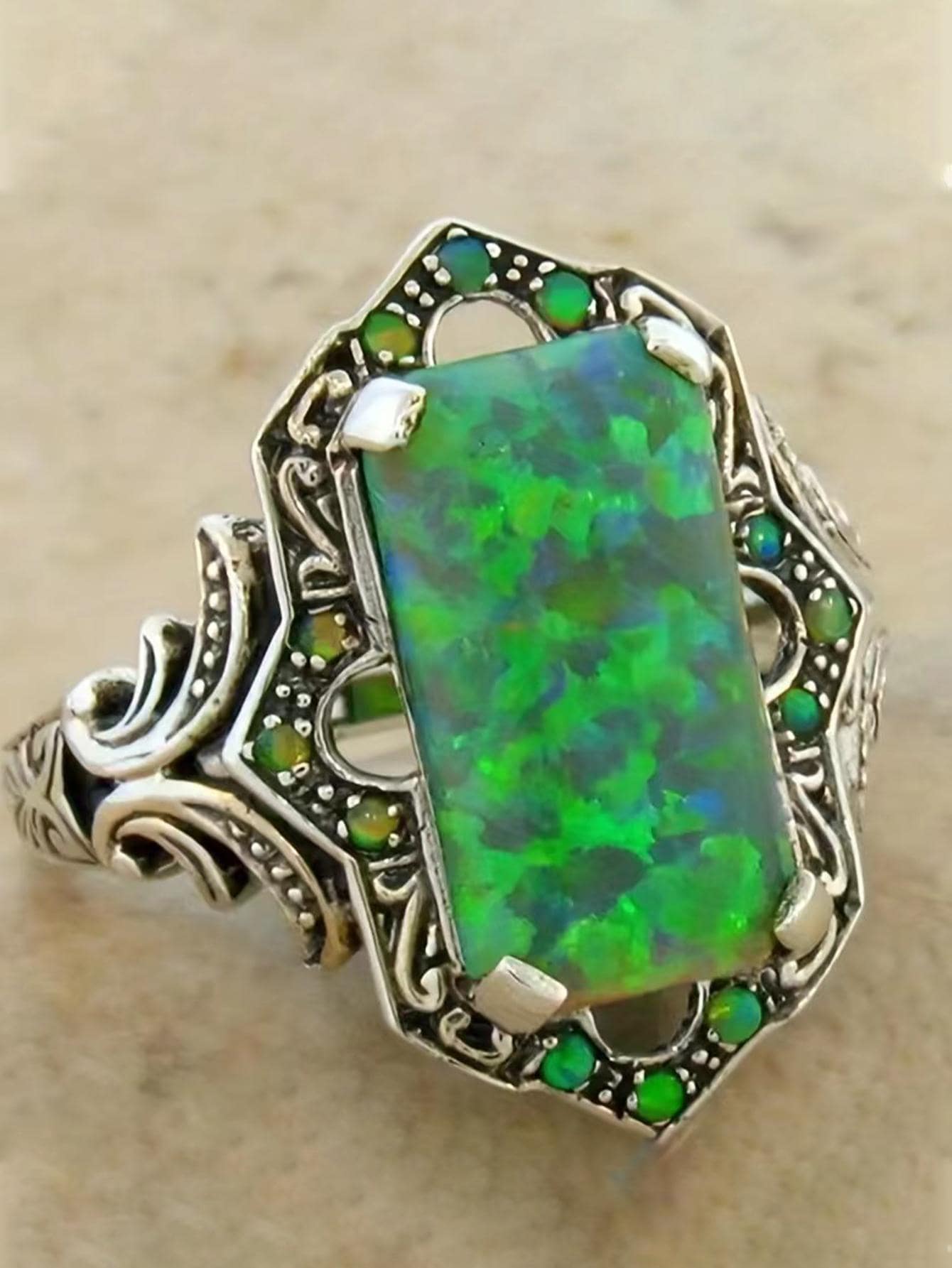 1pc Vintage Zinc Alloy Rectangle & Rhinestone Decor Ring For Women For Gift - Antique Silver - View 1