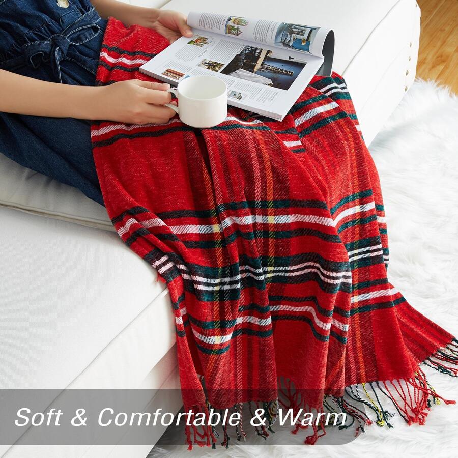 Chenille Throw Blanket for Couch, Soft Throw Blankets with Decoration Tassel, Velvety Texture