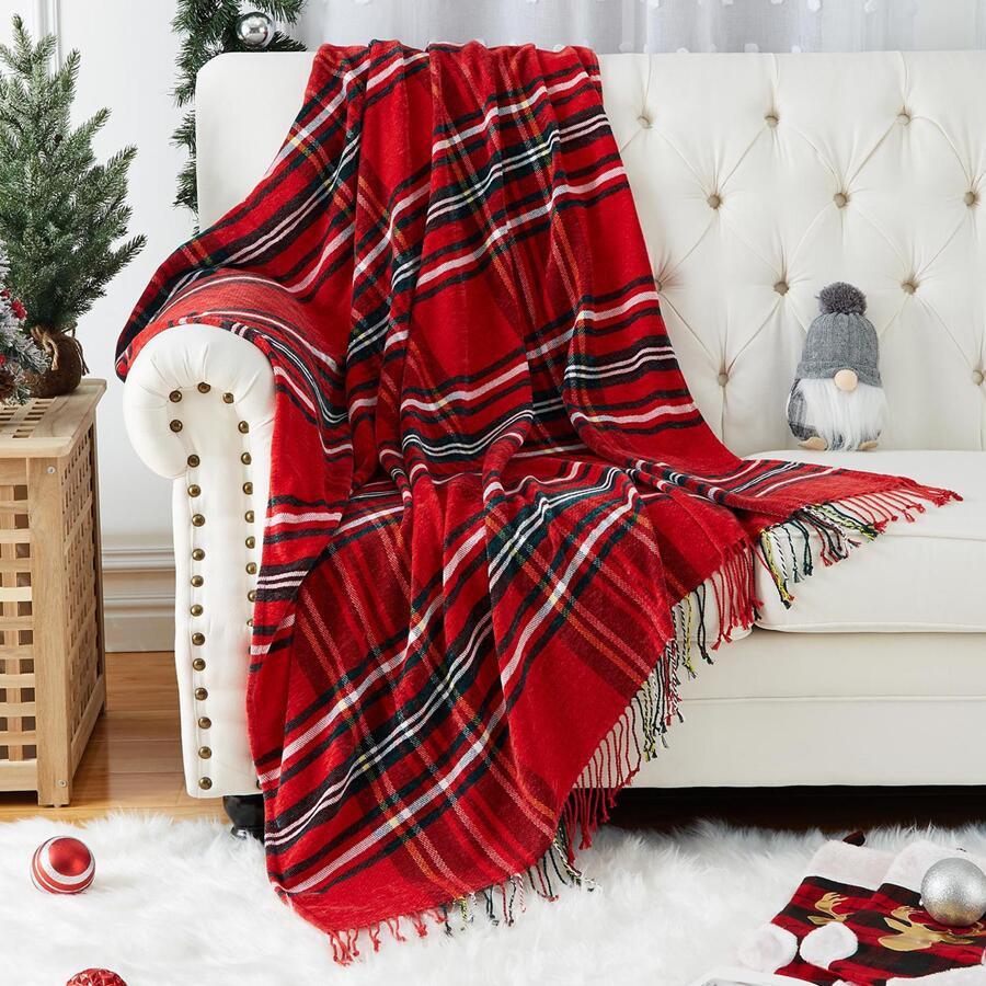 Chenille Throw Blanket for Couch, Soft Throw Blankets with Decoration Tassel, Velvety Texture