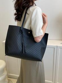 Chevron Pattern Tassel Decor Túi tote đeo vai Tay cầm đôi - màu đen - Xem 1