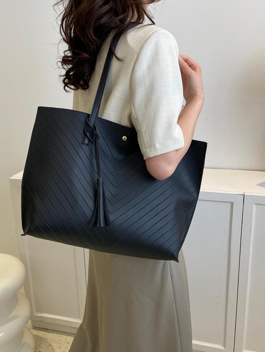 Chevron Pattern Tassel Decor Túi tote đeo vai Tay cầm đôi - màu đen - Xem 1