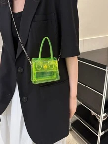 Bolsa cuadrada mini neón transparente con solapa con cadena - Verde - Ver 4