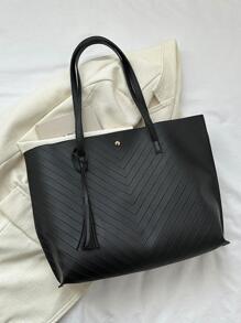 Chevron Pattern Tassel Decor Túi tote đeo vai Tay cầm đôi - màu đen - Xem 3