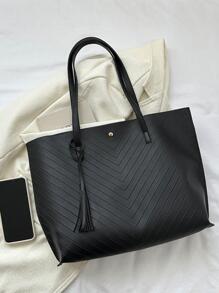 Chevron Pattern Tassel Decor Túi tote đeo vai Tay cầm đôi - màu đen - Xem 4