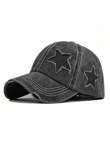 1pc Unisex Black Distressed Five-Pointed Star Baseball Cap, Outdoor Adjustable Casual Hat, Washed Style - Black - View 11