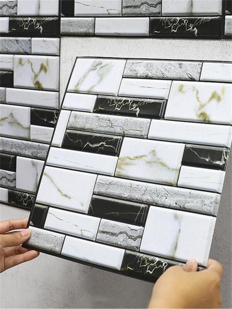 1入組磚塊圖案3D牆板 - 藍白色 - 查看 1