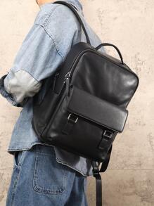 Mochila de cuero genuino a la moda para hombre, mochila de viaje para hombre - Negro - Ver 2