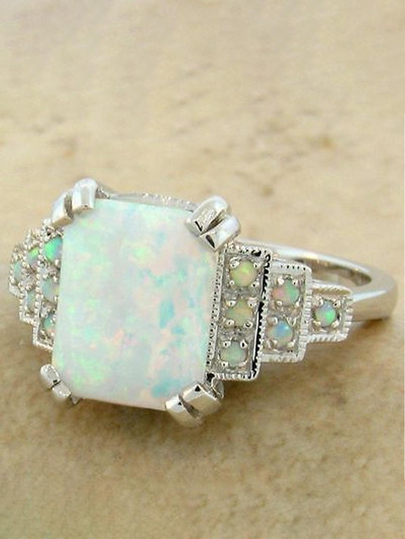1 Nhẫn Hợp Kim Kẽm Thời Trang Tổng Hợp Đá Opal Trang Trí Nhẫn Cho Nữ Hẹn Hò Trang Trí - Màu Bạc Cổ - Xem 1