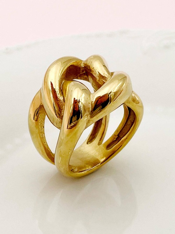 Mazuer 1pc Vintage 18k Gold Plated Stainless Steel Chunky Chain Band Ring For Women, Suitable For Dating, Festival, Party, Daily Wear, Work