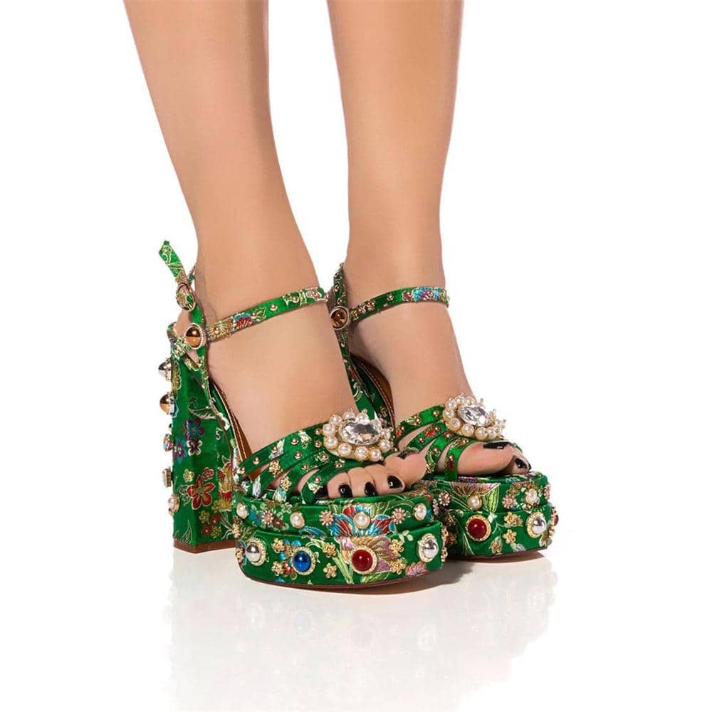 ARQA Womens Ankle Strap Heeled Sandals Rhinestones Diamonds Platform