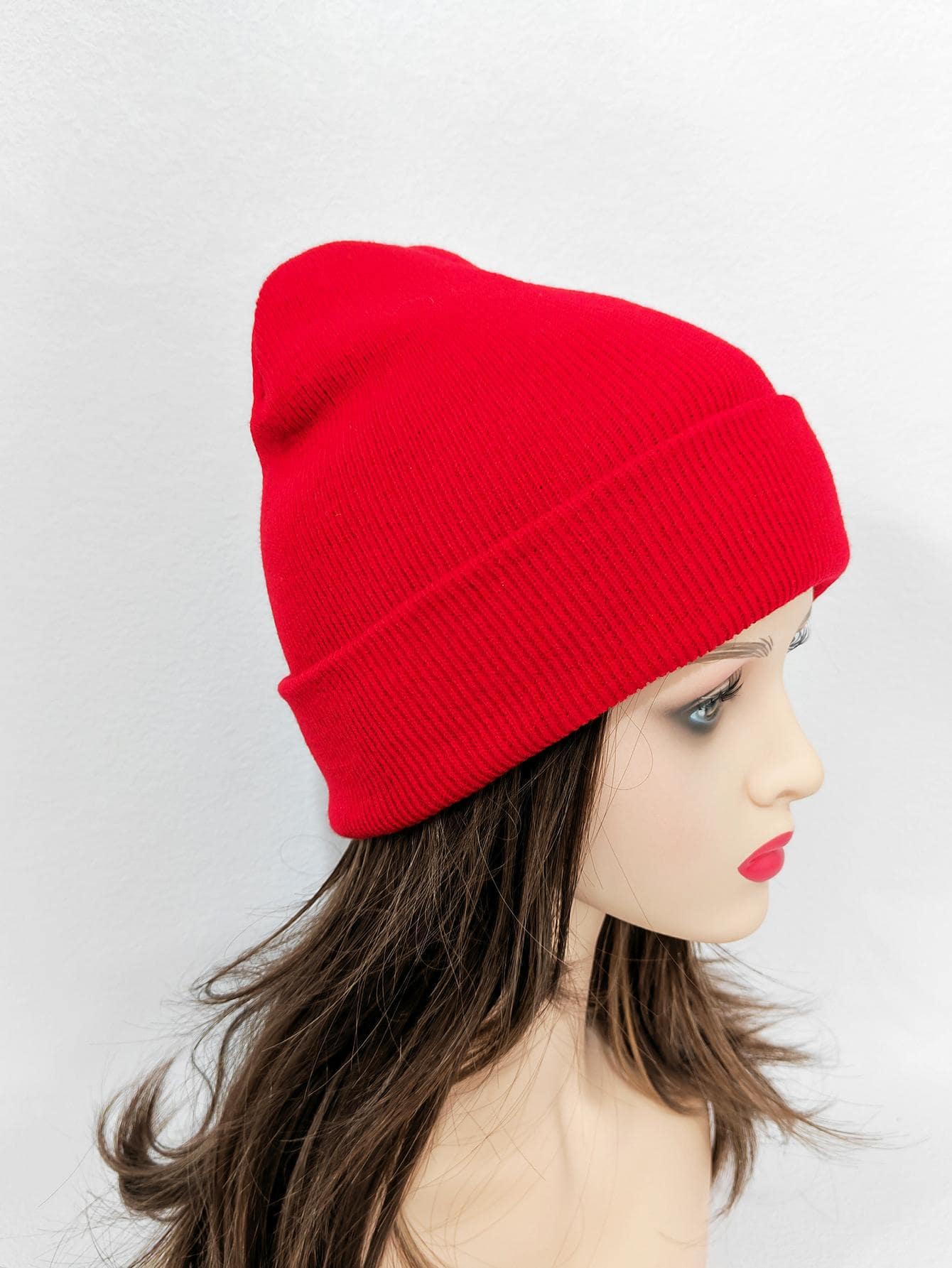 Gorro sólido con puño para invierno, regalo casual para uso diario para amigos - Rojo - Ver 1