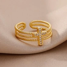 1入組時尚銅水鑽十字架裝飾開口戒指適合女士日常裝飾銅首飾類禮品 - 金黃色 - 查看 3