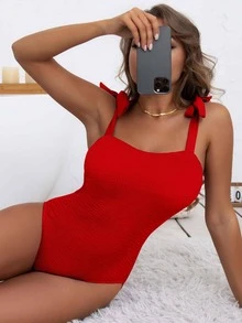 Tie Shoulder One Piece Swimsuit - Red - View 1