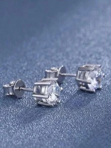 方晶鋯石裝飾純銀耳釘 - 耳環 - 查看 2