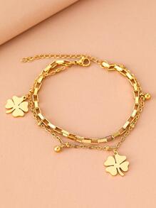 Aomogo 不锈钢手链 精美铃铛三叶草吊坠珠子多层链条时尚手链 女士珠宝 节日礼物 情人节 - 金色 - 查看 3