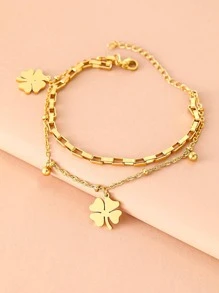 Aomogo 不锈钢手链 精美铃铛三叶草吊坠珠子多层链条时尚手链 女士珠宝 节日礼物 情人节 - 金色 - 查看 4