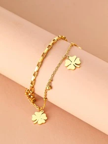 Aomogo 不锈钢手链 精美铃铛三叶草吊坠珠子多层链条时尚手链 女士珠宝 节日礼物 情人节 - 金色 - 查看 6