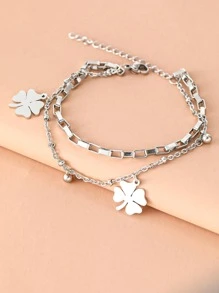 Aomogo 不锈钢手链 精美铃铛三叶草吊坠珠子多层链条时尚手链 女士珠宝 节日礼物 情人节