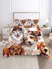 3件套狗狗圖案被套套裝帶1入組被套，2入組無填充物枕套，現代滌綸柔軟床上用品家用被套套裝 - 彩色 - 查看 5