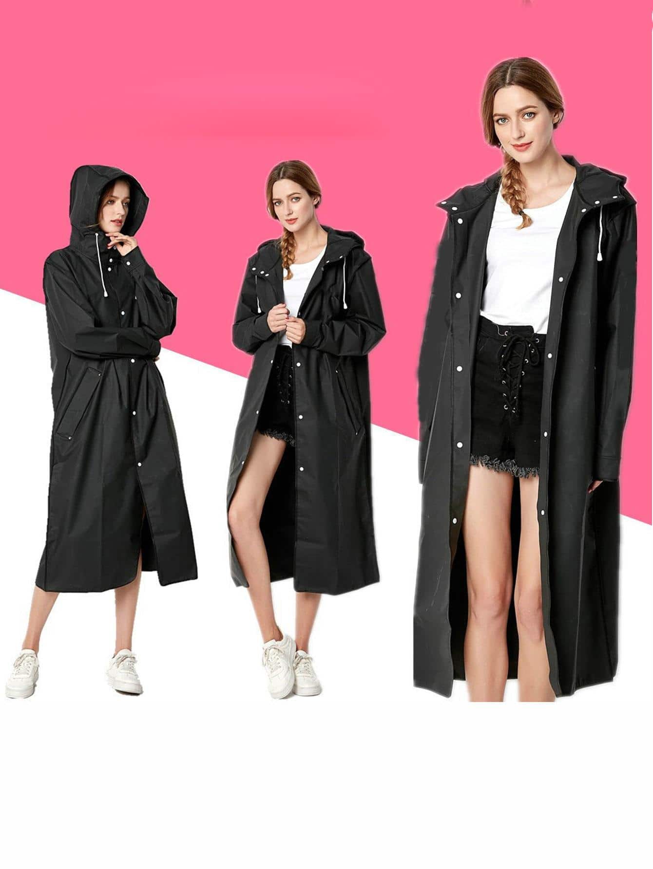 一件纯色抽绳连帽雨衣，保暖舒适，适合闺蜜节、狗狗主题、嘉年华、派对装饰、春夏精选、伴娘礼物、房间装饰、卧室装饰、海滩、旅行、男女皆宜、度假等场合，可爱小物。 - 黑色 - 查看 1