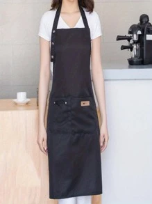 1 pieza Delantal de cocina para hornear resistente a las gotas de agua con bolsillo - Negro - Ver 3