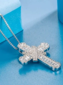 方晶鋯石十字架吊飾項鍊 - 銀色 - 查看 3