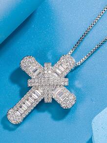 方晶鋯石十字架吊飾項鍊 - 銀色 - 查看 4
