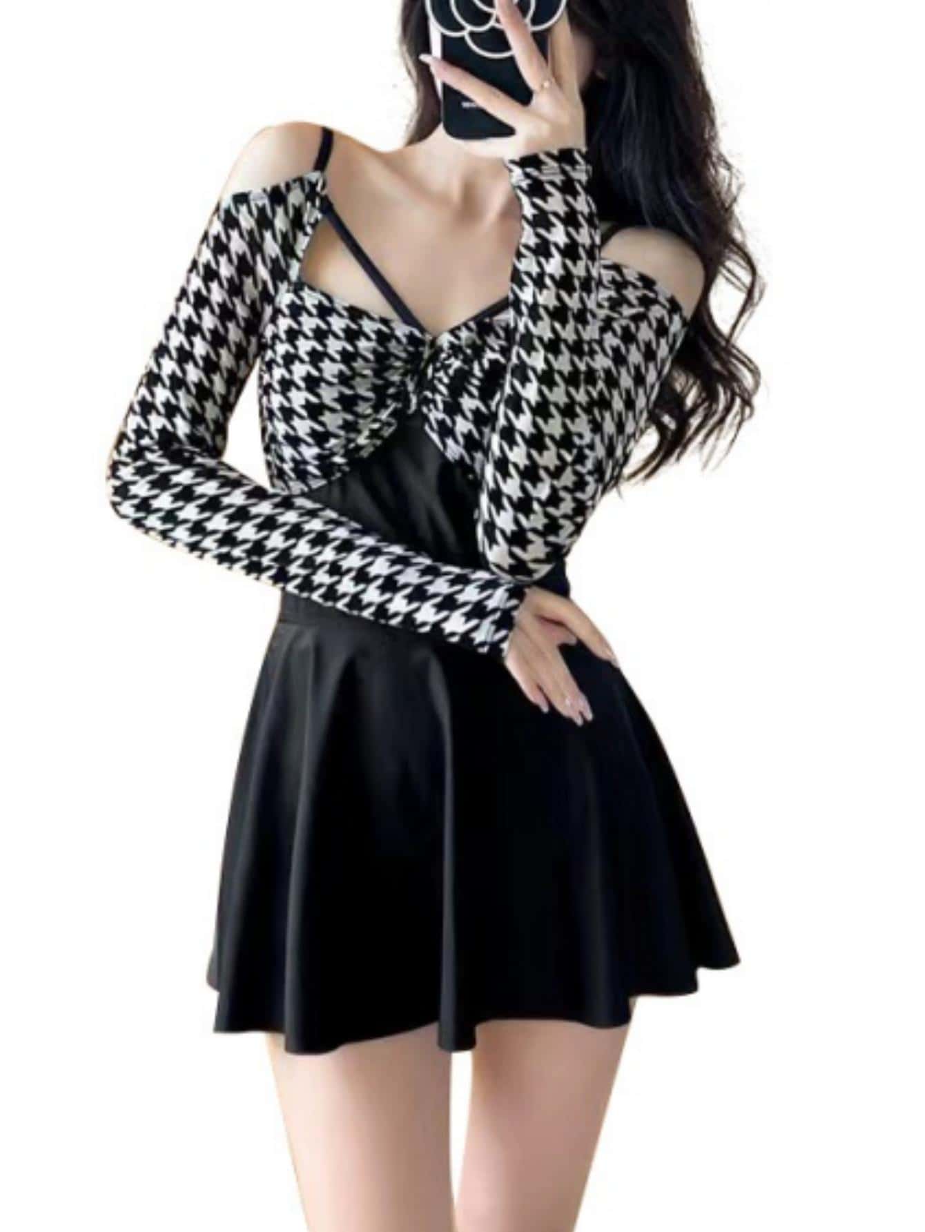 Houndstooth Print Cold Shoulder Ruched Bustier One Piece Swimsuit - Black - View 1